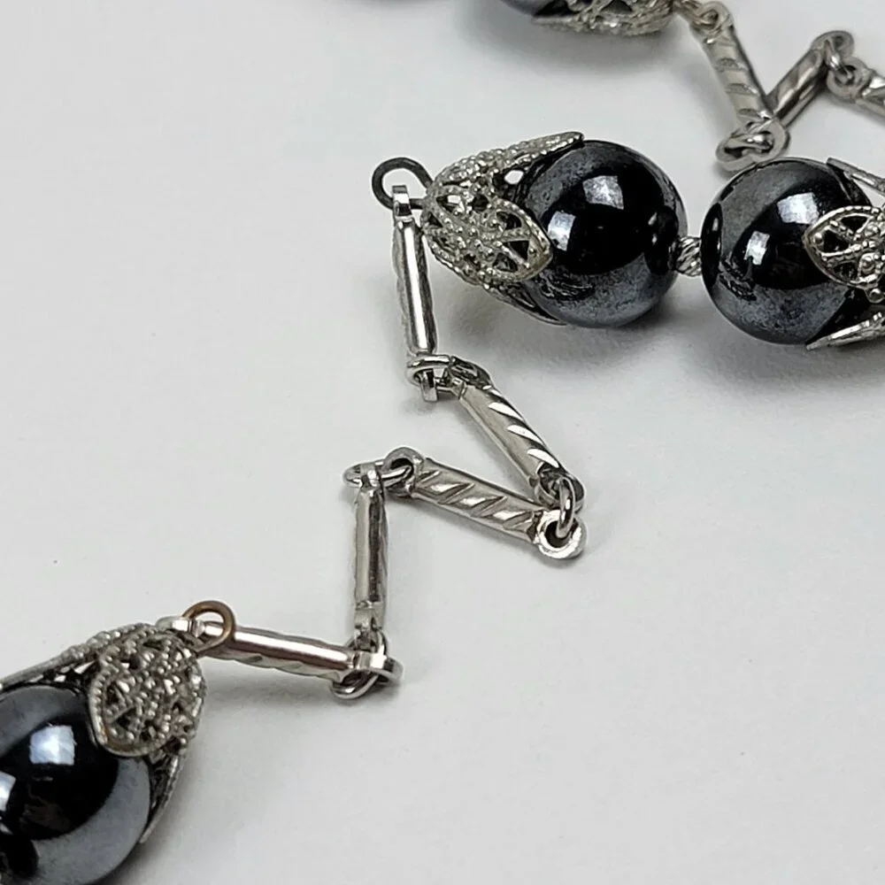 Vtg. Lisa Gray Hematite Long Strand Station Necklace 53 Inch Silver-Tone Opera